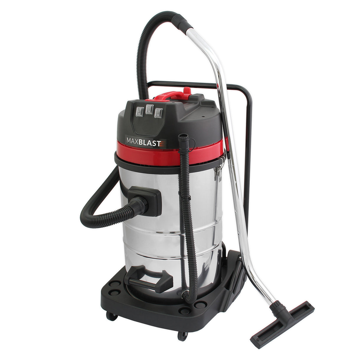 Aspiradora comercial MAXBLAST de 80 litros, con cuerpo de acero inoxidable brillante, manguera negra y diseño robusto y funcional