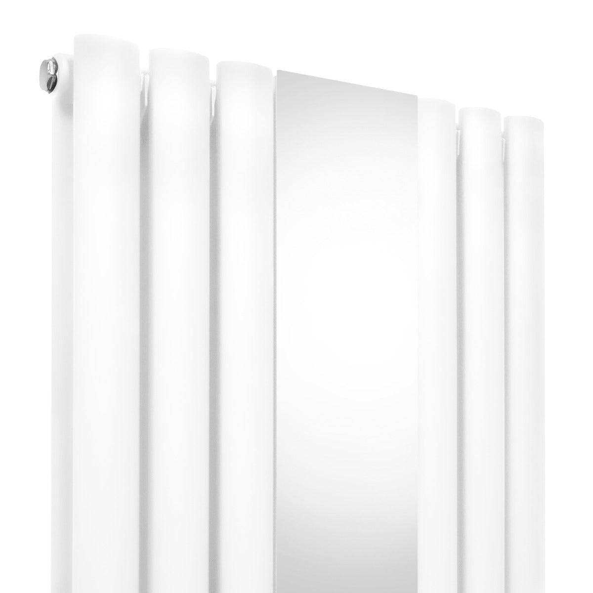 Radiador de columna ovalada blanco de 1800 mm x 380 mm con espejo central y válvulas, diseño moderno y elegante