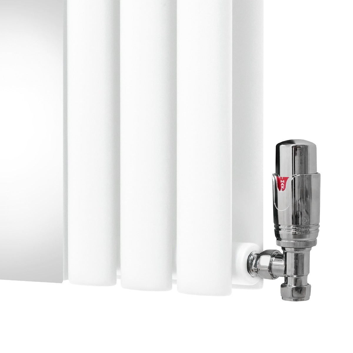 Radiador de columna ovalada blanco de 1800 mm x 380 mm con espejo y válvulas cromadas, diseño moderno y elegante