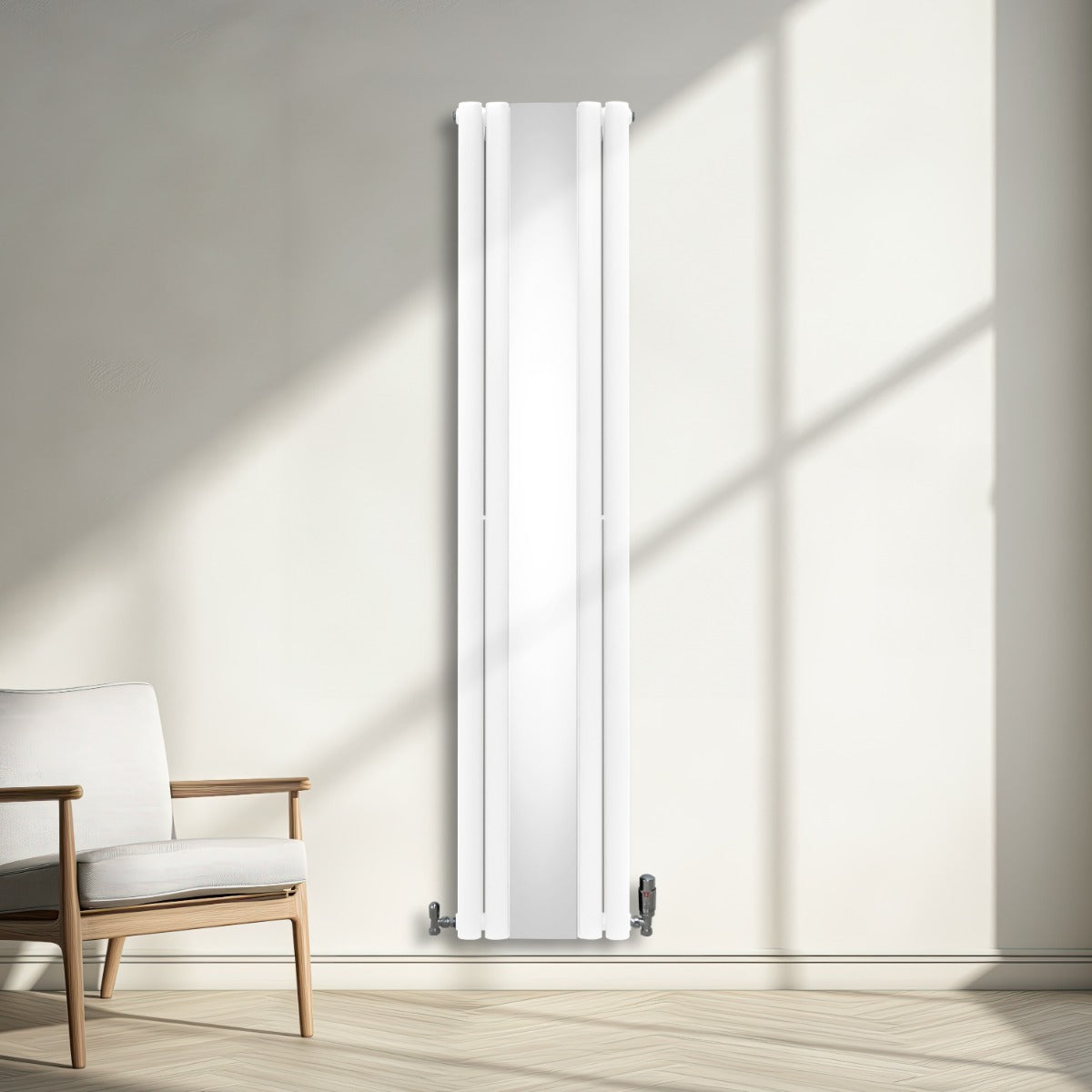 Radiador de columna ovalada blanco de 1800 mm x 380 mm con espejo y válvulas, instalado en una pared iluminada por la luz natural