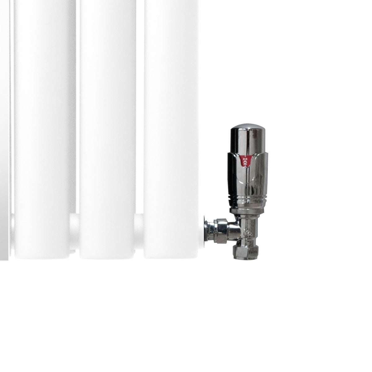 Radiador de columna ovalada blanco de 1800 mm x 380 mm, con válvulas cromadas y acabado liso, ideal para espacios modernos