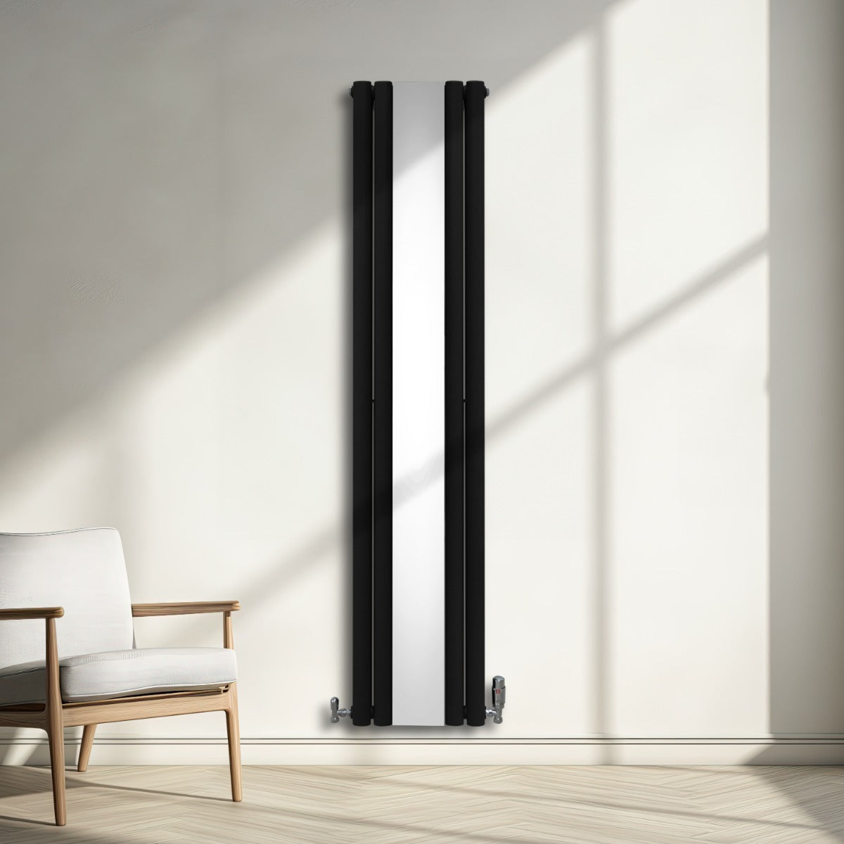 Radiador de Columna Ovalada con Espejo y Válvulas - 1800 mm x 380 mm - Negro