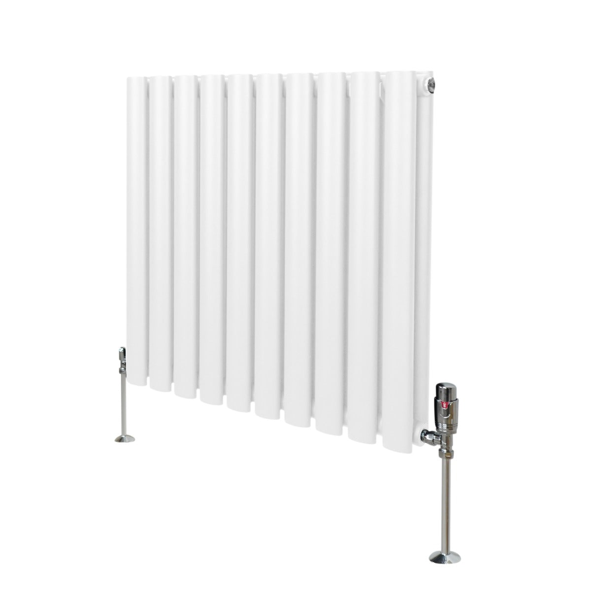 Radiador de columna ovalada blanco de 600mm x 600mm con válvulas cromadas TRV, diseño moderno y elegante, acabado liso y brillante