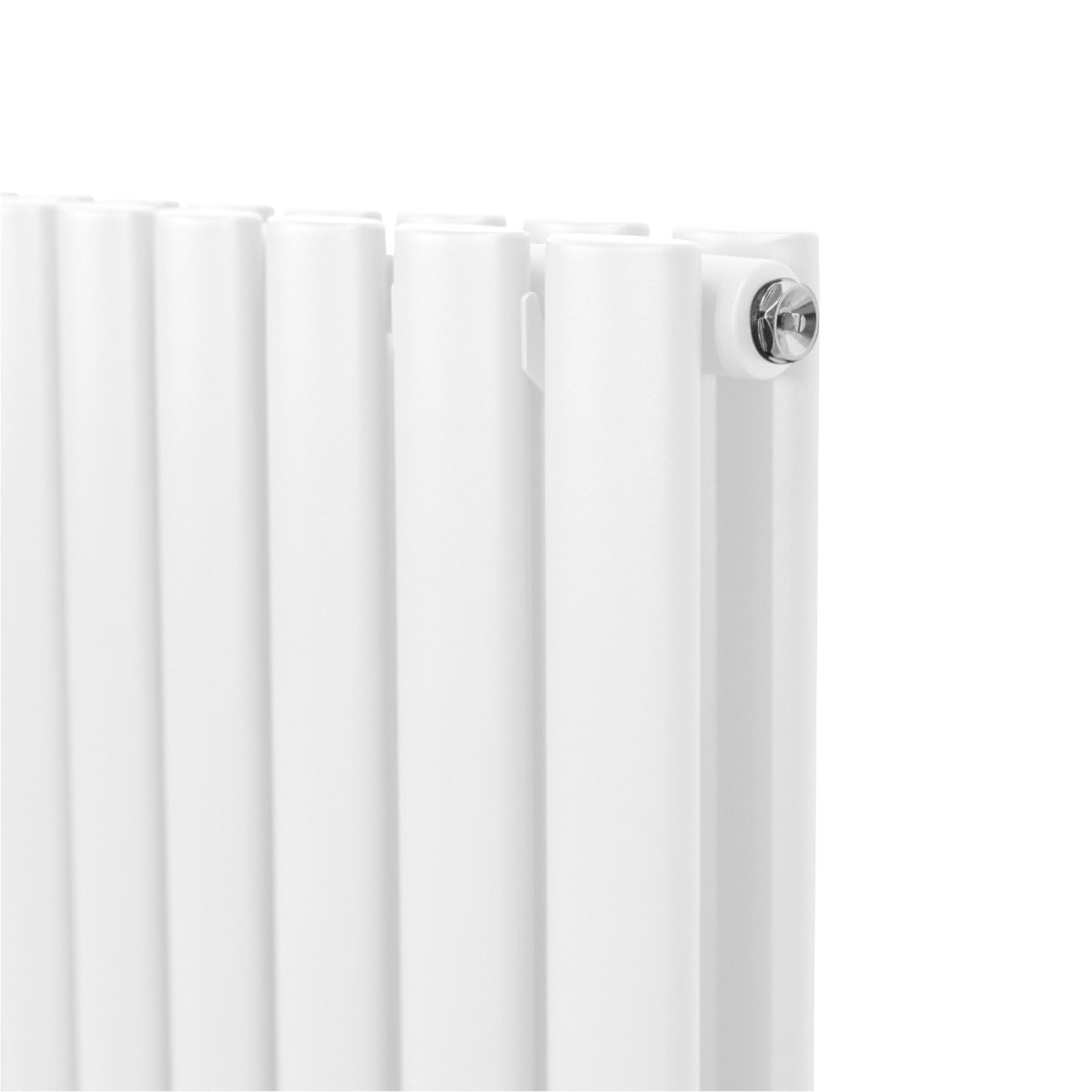 Radiador de columna ovalada blanco de 600mm x 600mm con válvulas cromadas TRV, superficie lisa y acabado moderno