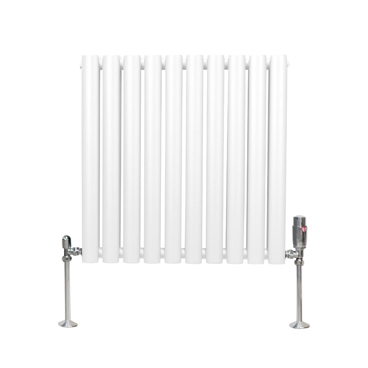 Radiador de columna ovalada blanco de 600mm x 600mm con válvulas cromadas TRV, diseño elegante y moderno, acabado liso y brillante