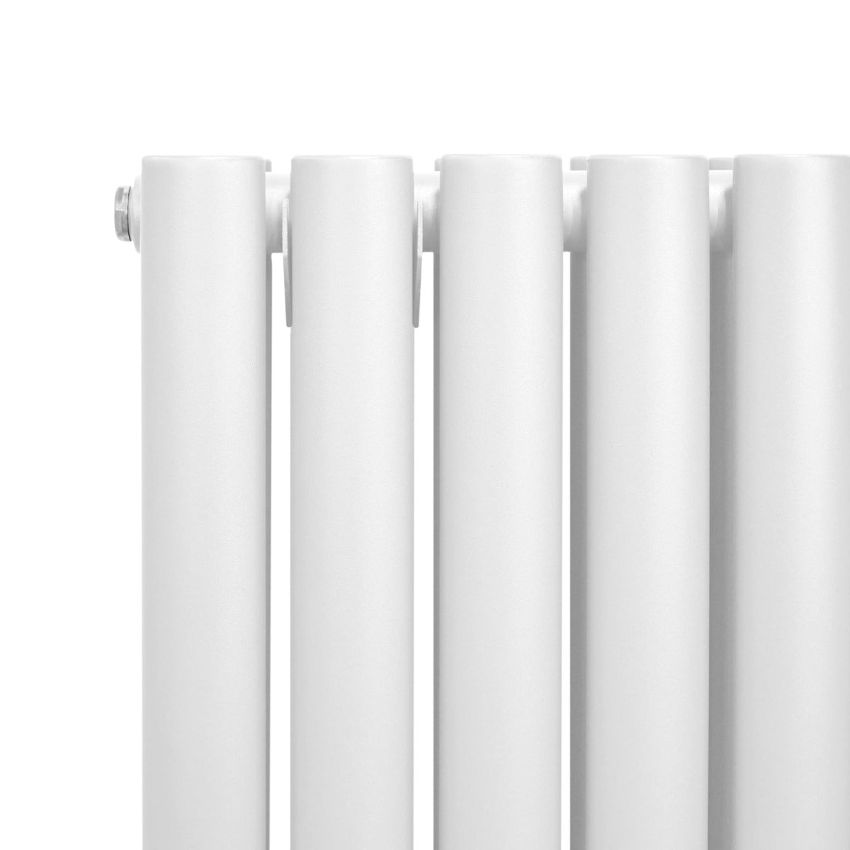 Radiador de columna ovalada blanco de 600mm x 600mm con válvulas cromadas TRV, superficie lisa y acabado brillante