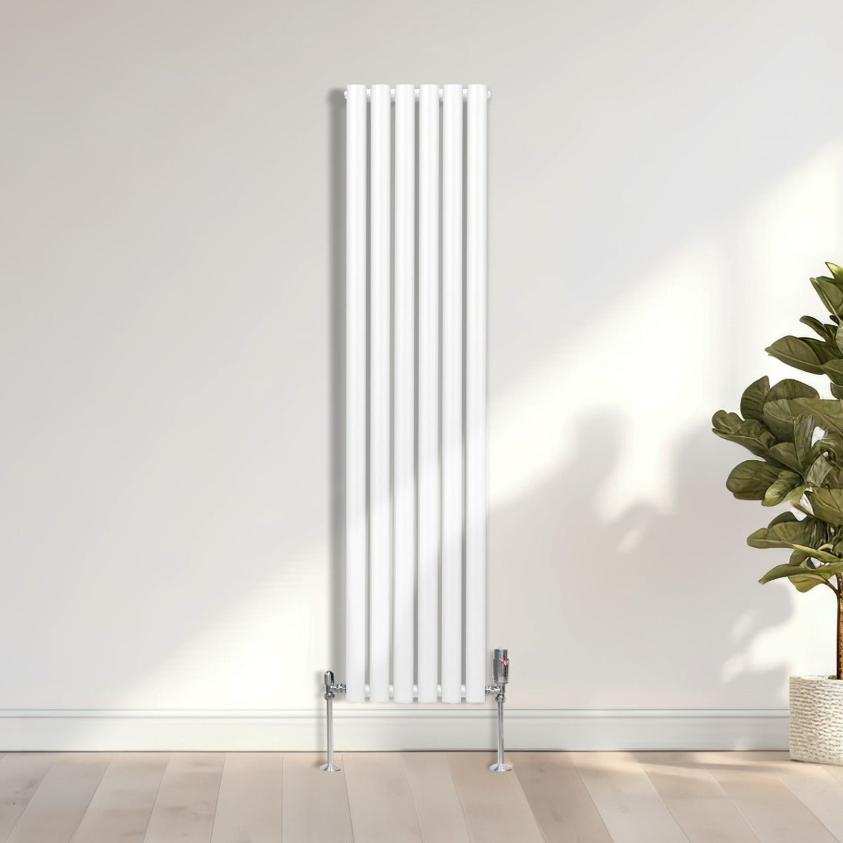 Radiador De Columna Ovalada - 1600mm x 360mm - Blanco & Válvulas Cromadas TRV