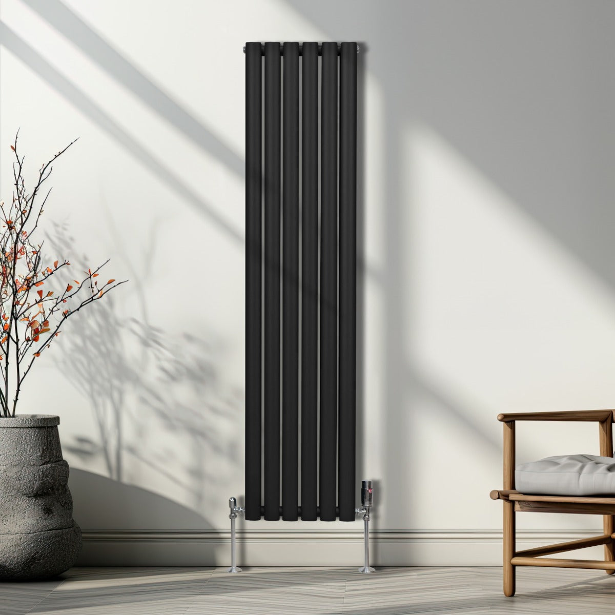 Radiador De Columna Ovalada - 1600mm x 360mm - Negro & Válvulas Cromadas TRV