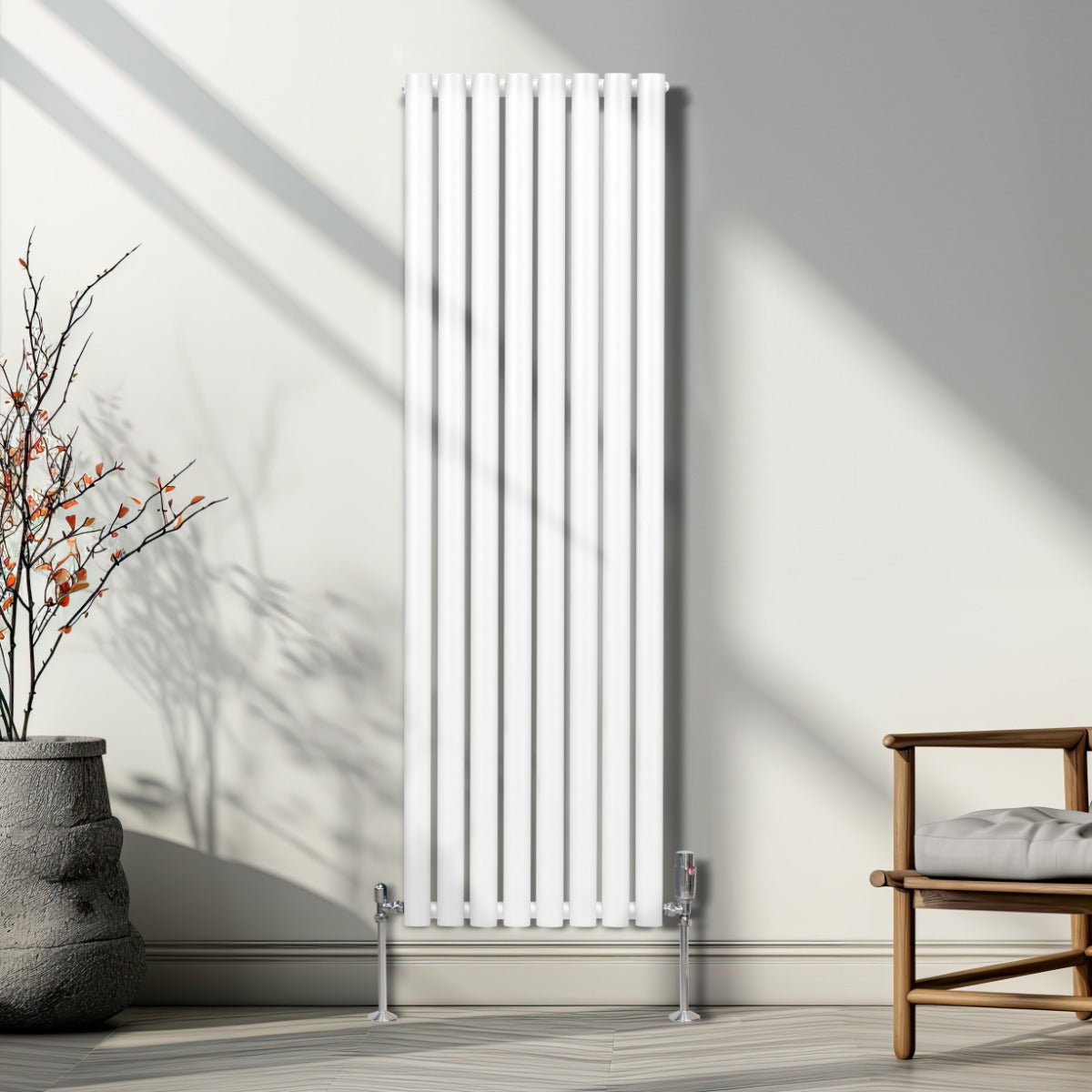 Radiador De Columna Ovalada - 1600mm x 480mm - Blanco & Válvulas Cromadas TRV