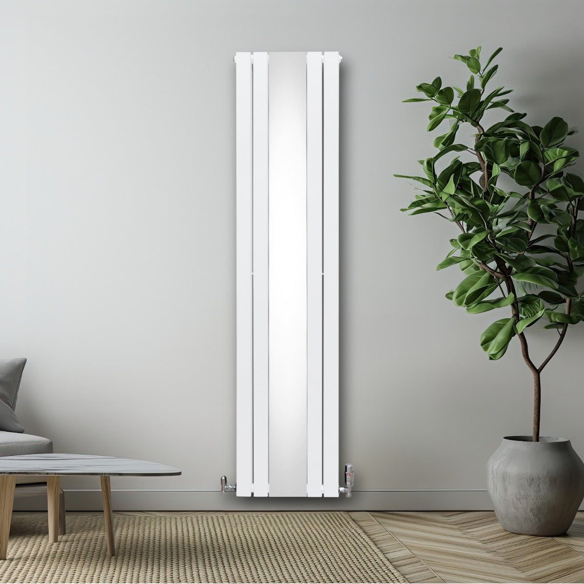 Radiador Plano con Espejo y Válvulas Cromadas TVR - 1800 mm x 425 mm - Blanco