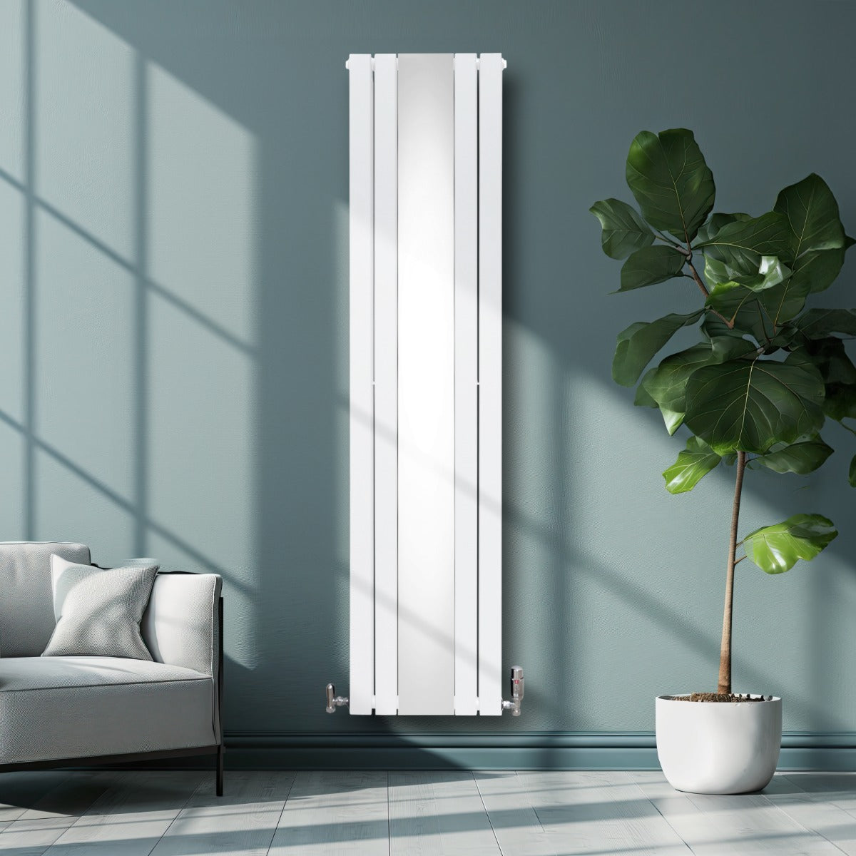 Radiador Plano con Espejo y Válvulas Cromadas TVR - 1800 mm x 425 mm - Blanco