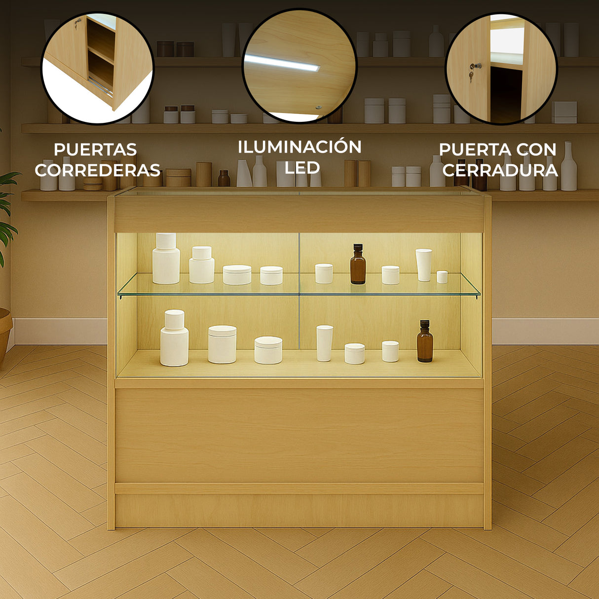 Mostrador Comercial con Luz LED C900 – Arce