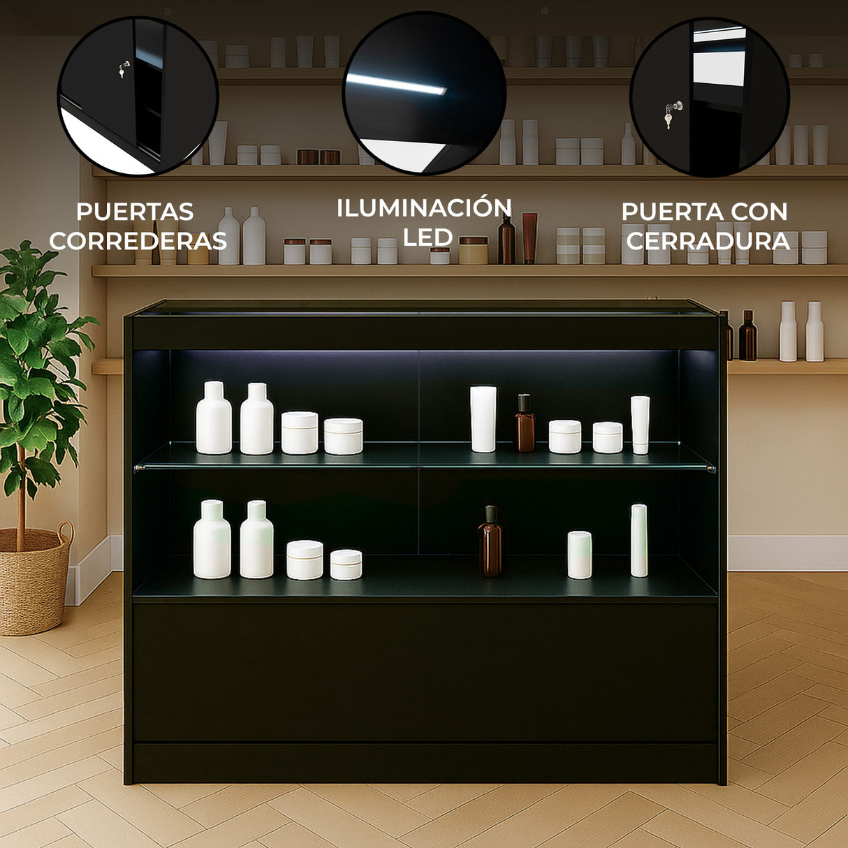 Mostrador Comercial con Luz LED C1200 – Negro