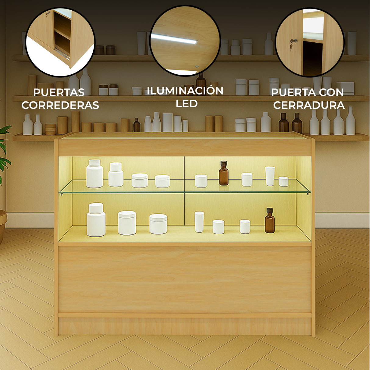 Mostrador Comercial con Luz LED C1200 – Arce