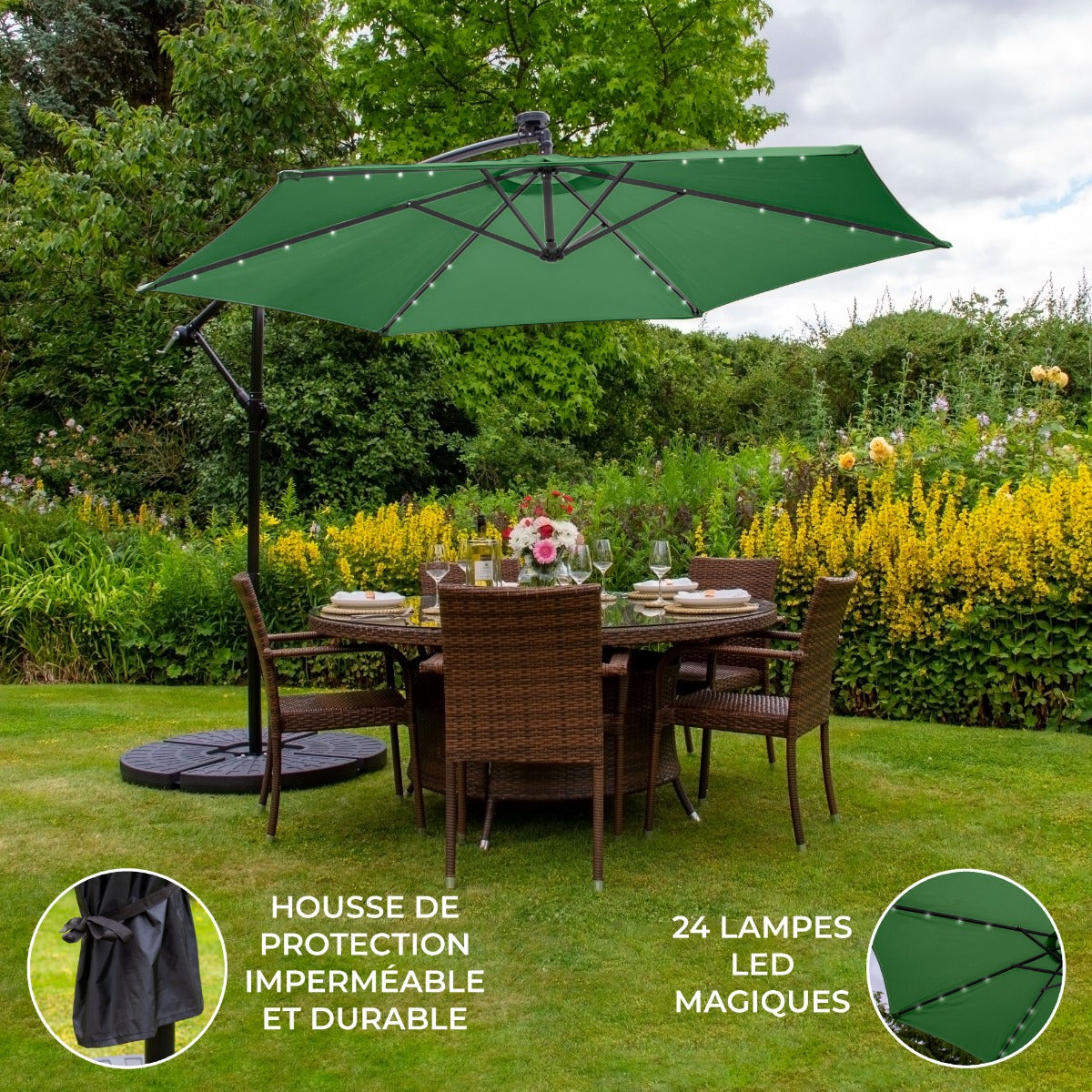 Sombrilla Voladiza LED de 3m con Base Redonda - Verde