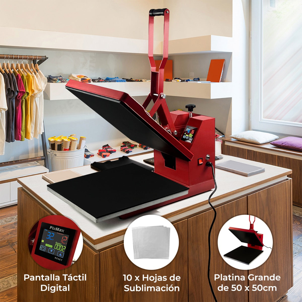 Prensa Térmica de 50cm x 50cm PixMax para Sublimación de Camisetas & Impresora