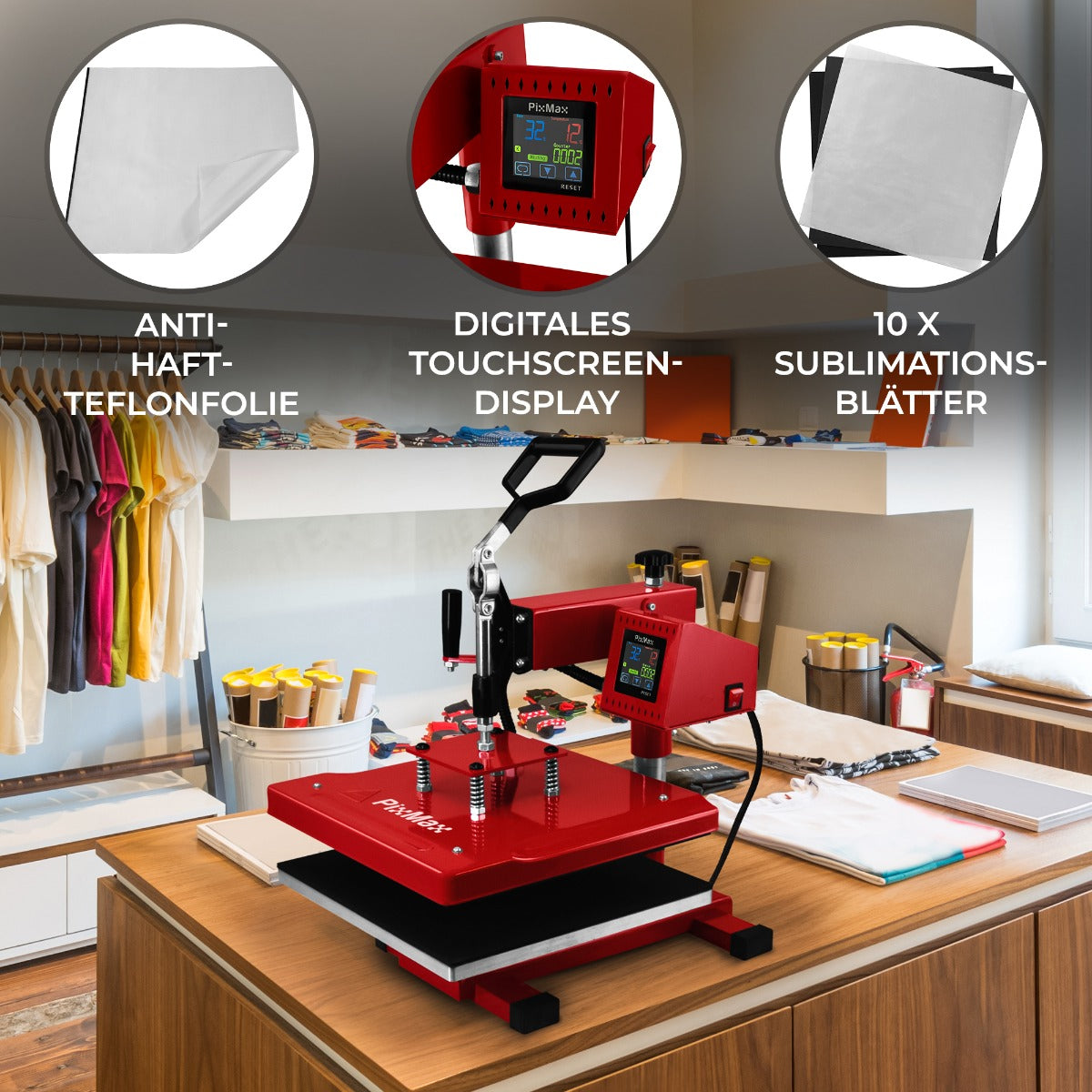 Prensa Térmica 38x38cm, Lámina de PTFE y Hojas de Sublimación