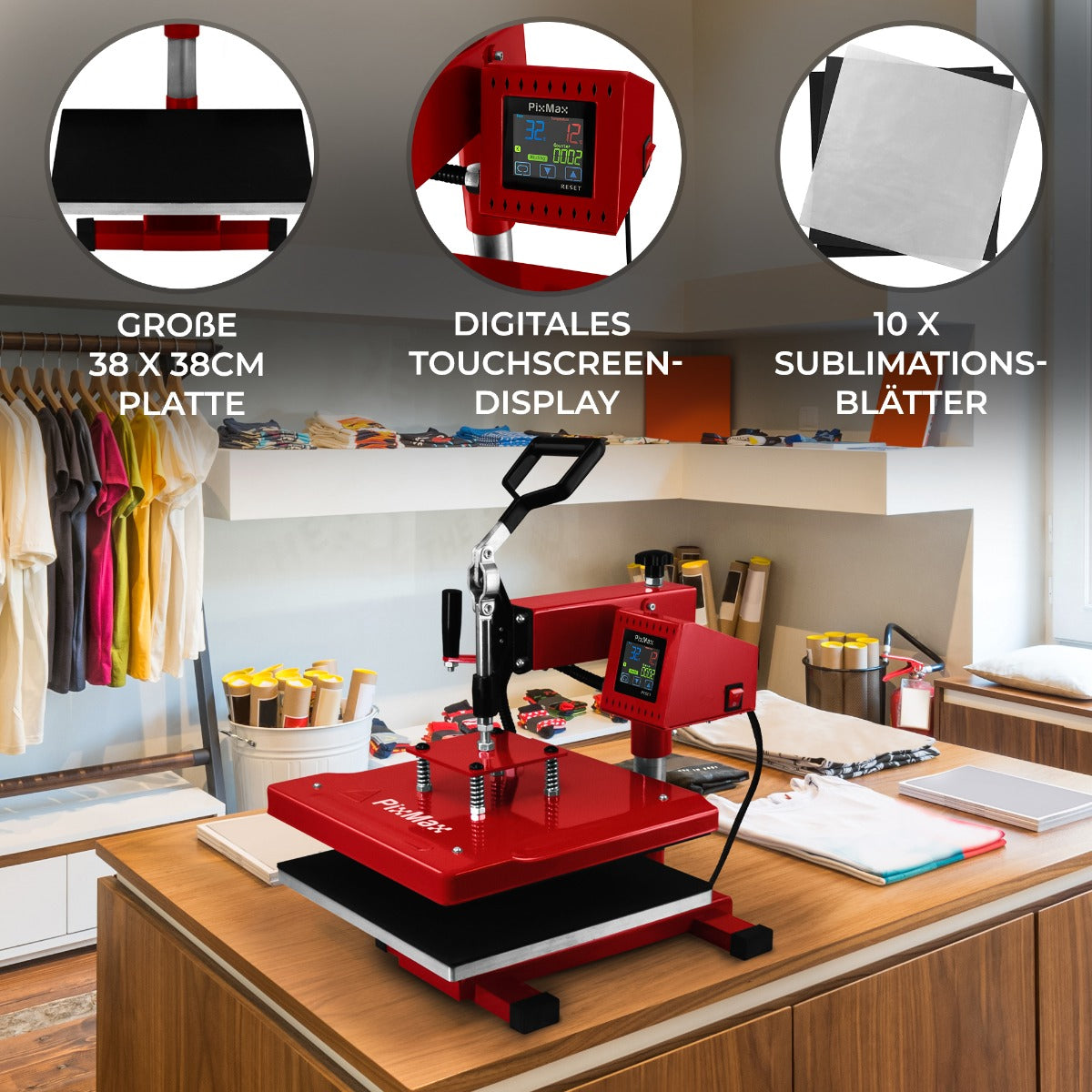 Prensa Térmica Oscilante 38x38cm PixMax para Sublimación de Camisetas & Impresora