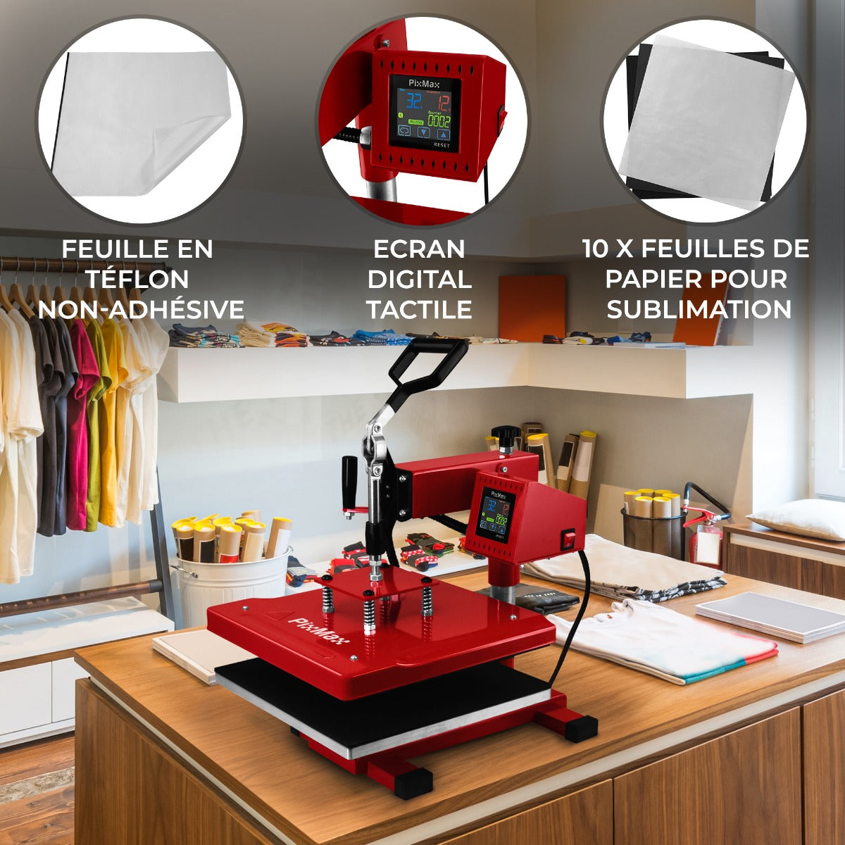 Prensa Térmica 38x38cm, Lámina de PTFE y Hojas de Sublimación