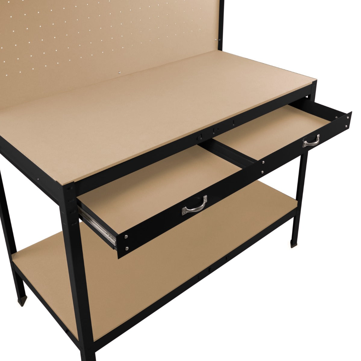 Banco de Trabajo con Tablero de Clavijas, Cajón y Luz – Negro