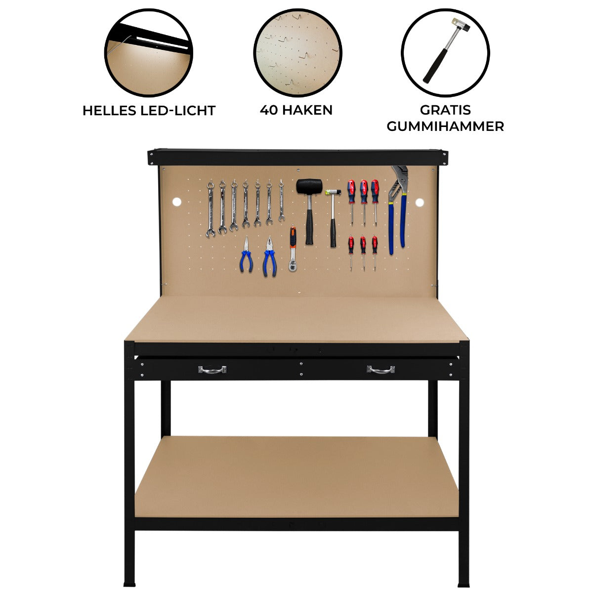 Banco de Trabajo con Tablero de Clavijas, Cajón y Luz – Negro