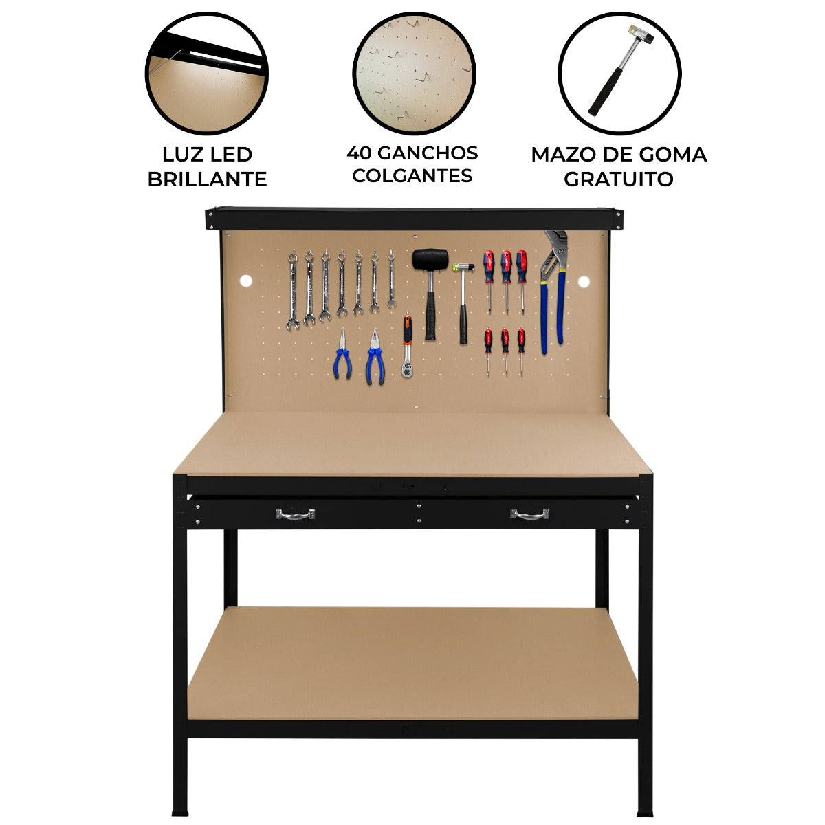 Banco de Trabajo con Tablero de Clavijas, Cajón y Luz – Negro