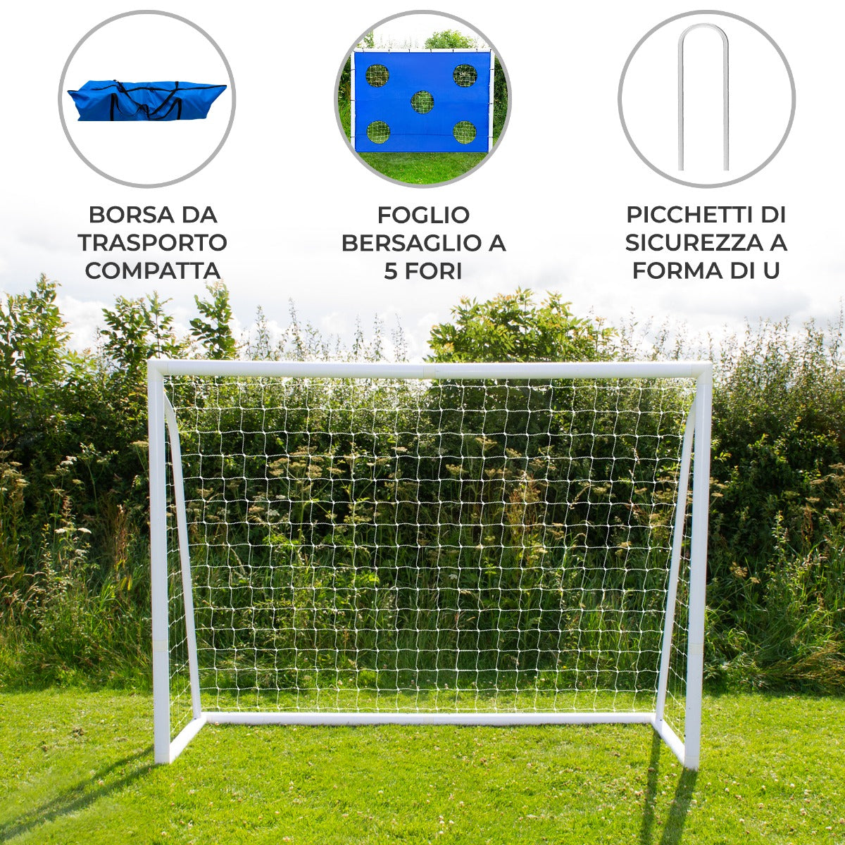 Portería de Fútbol de 240x182cm, Estuche de Transporte y Hoja de Meta con 5 Agujeros