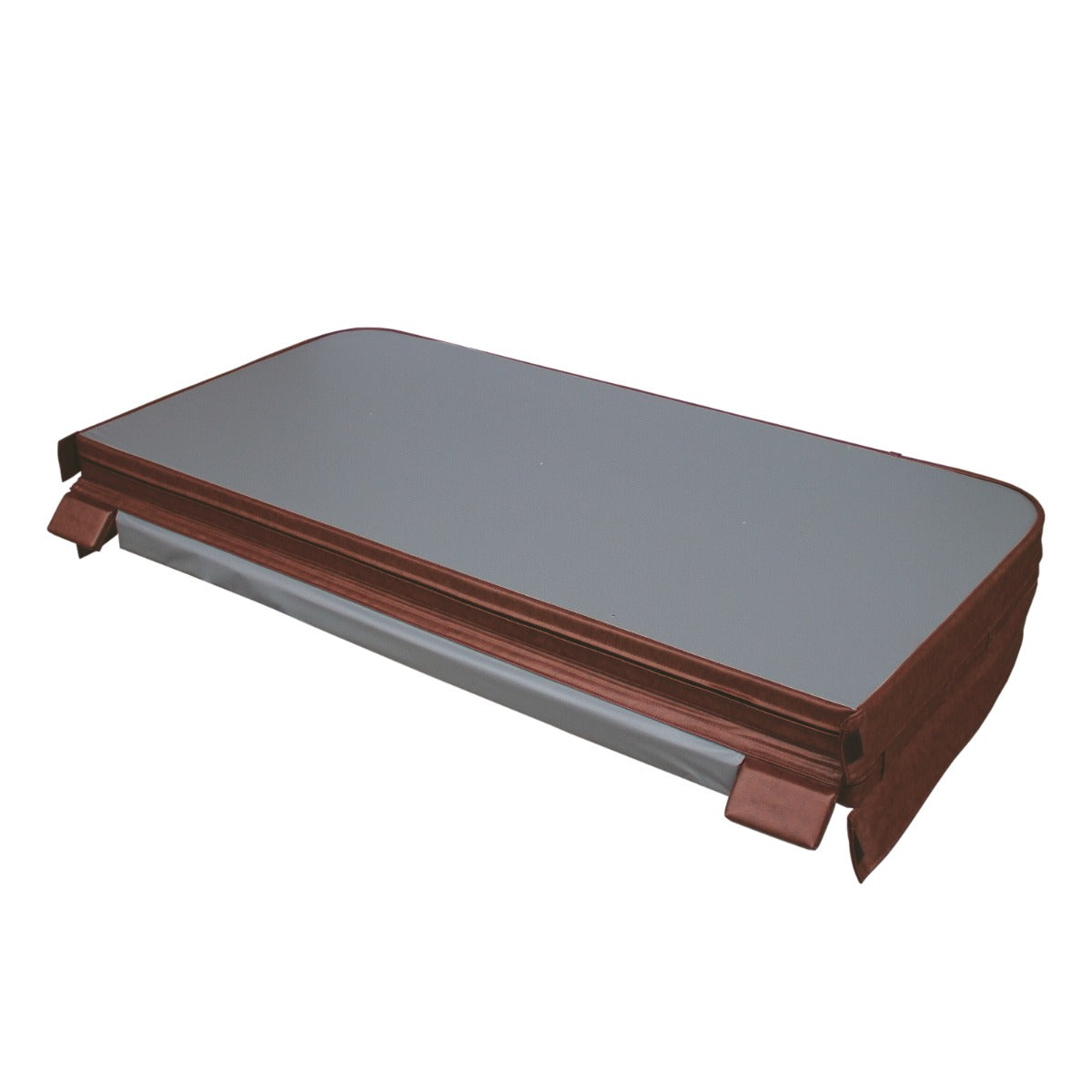 Cubierta marrón de 2m x 2m para jacuzzi, con textura suave y bordes reforzados, ideal para proteger y mantener el agua limpia