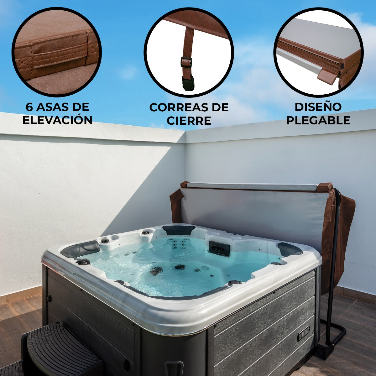 Cubierta marrón de 2m x 2m para jacuzzi, con correas de cierre, asas de elevación y diseño plegable, ideal para proteger el jacuzzi