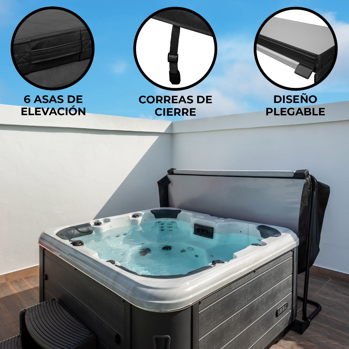 Cubierta negra de 2m x 2m para jacuzzi, con correas de cierre, asas de elevación y diseño plegable, ideal para proteger el jacuzzi