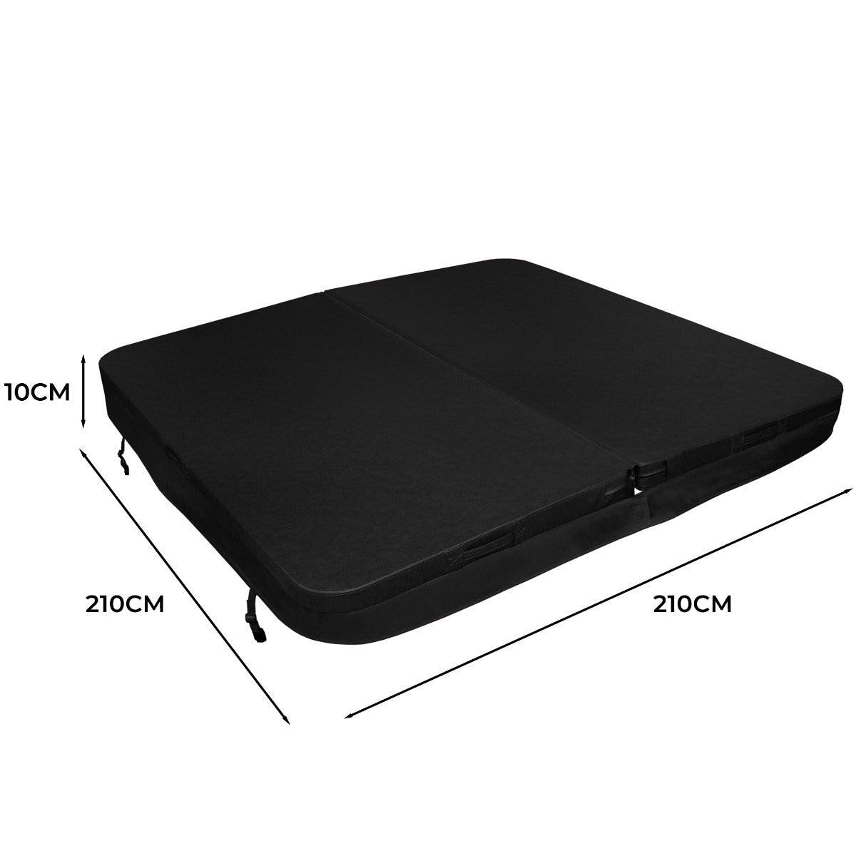 Cubierta negra para jacuzzi de 2,1m x 2,1m, con textura suave y dimensiones de 10cm de grosor, ideal para protección y aislamiento