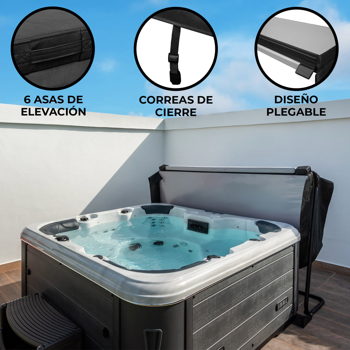 Cubierta negra para jacuzzi de 2,1m x 2,1m, con 6 asas de elevación, correas de cierre y diseño plegable, ideal para protección