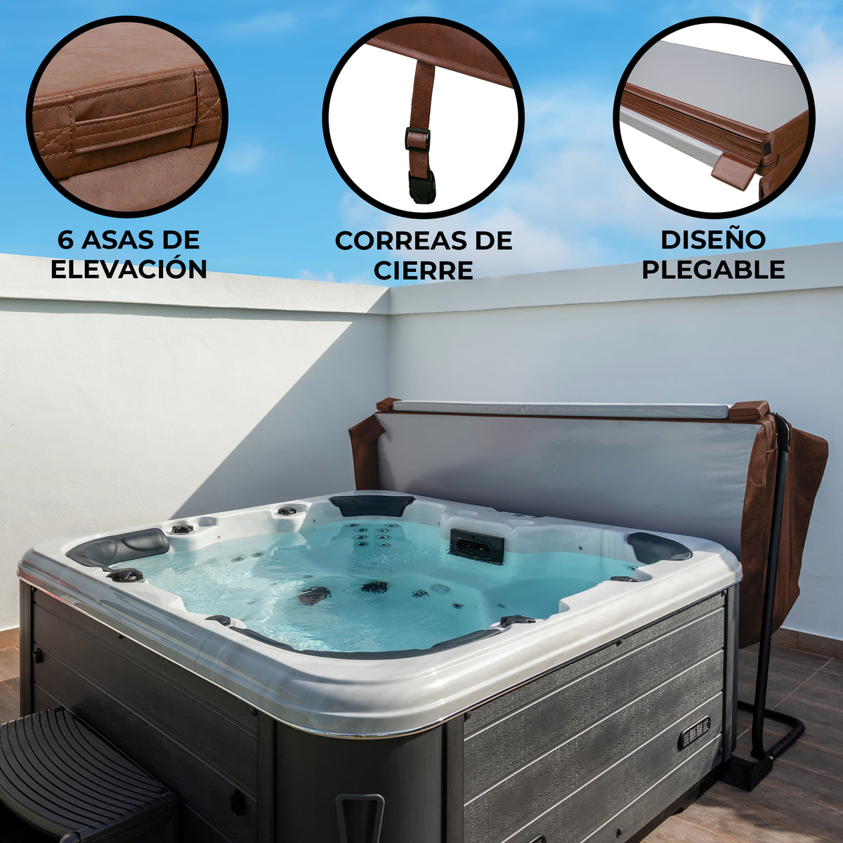 Cubierta marrón para jacuzzi de 2,2m x 2,2m, con correas de cierre, asas de elevación y diseño plegable, ideal para protección