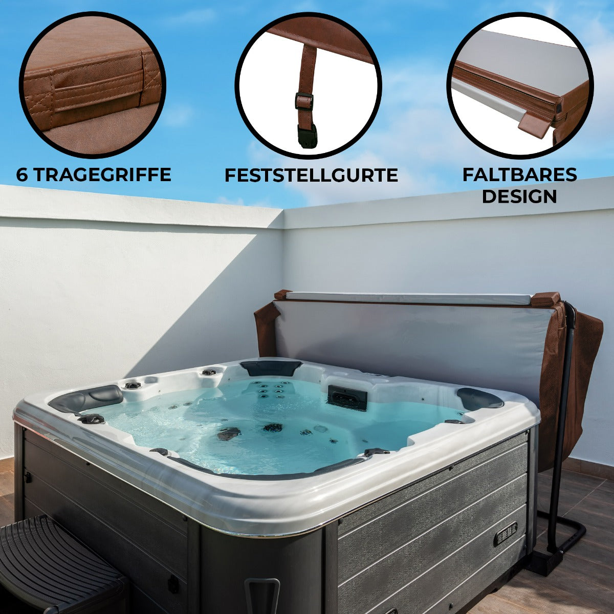 Cubierta marrón de 2,2m x 2,2m para jacuzzi, con asas, correas ajustables y diseño plegable, ideal para proteger el jacuzzi