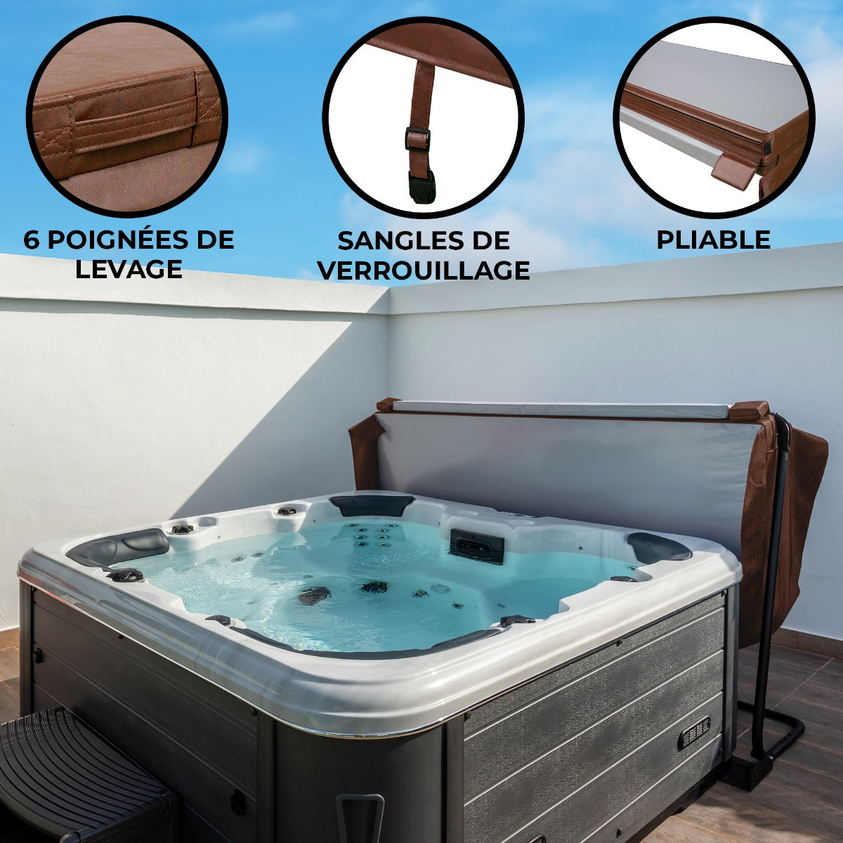 Cubierta marrón para jacuzzi de 2,2m x 2,2m, con 6 asas de elevación y correas de seguridad, plegable y resistente al agua