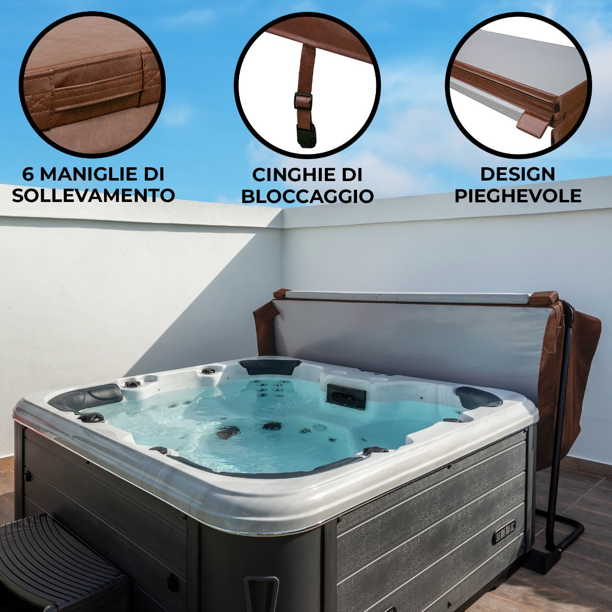 Cubierta marrón de 2,2m x 2,2m para jacuzzi, con manijas de levantamiento y cinchas de bloqueo, diseño plegable y resistente