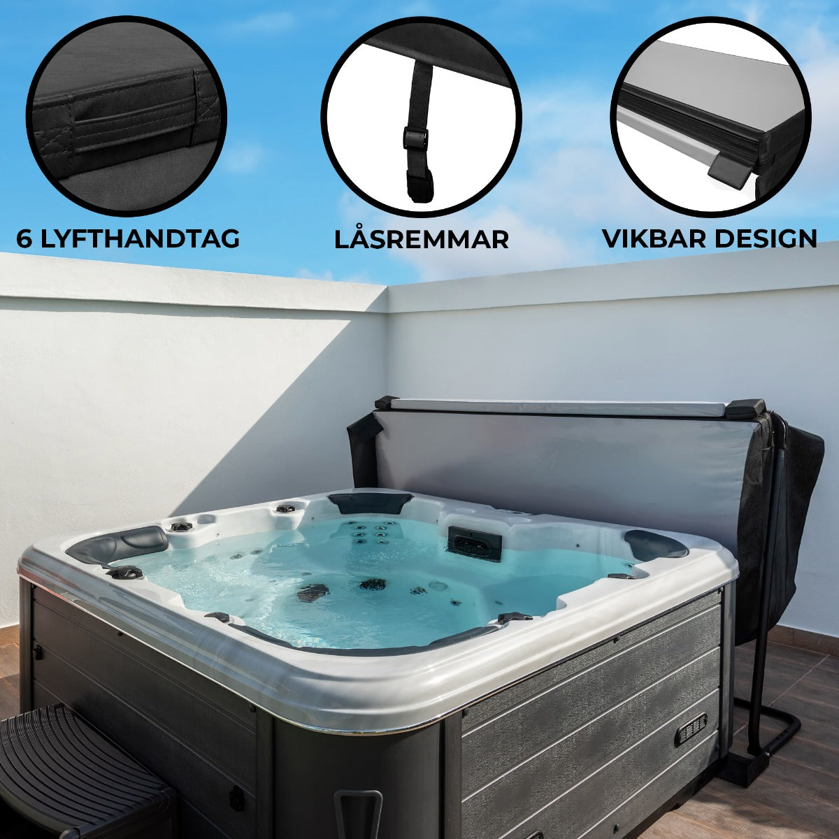 Cubierta negra de 2,2m x 2,2m para jacuzzi, con diseño plegable, hebillas de seguridad y seis asas para fácil manejo