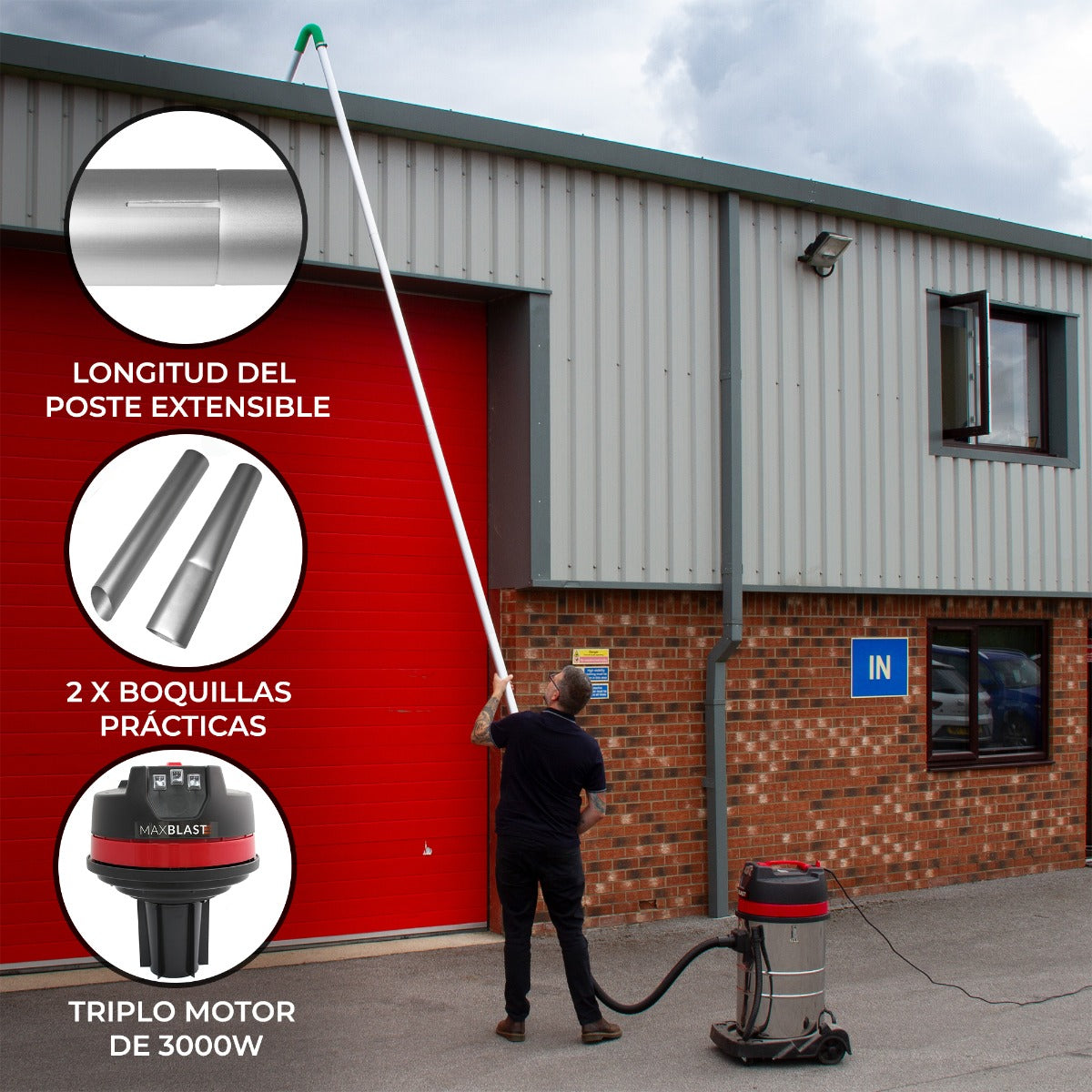 Aspiradora Seco y Húmedo de 80L & Postes de Vacío para Canalones de 7.2m