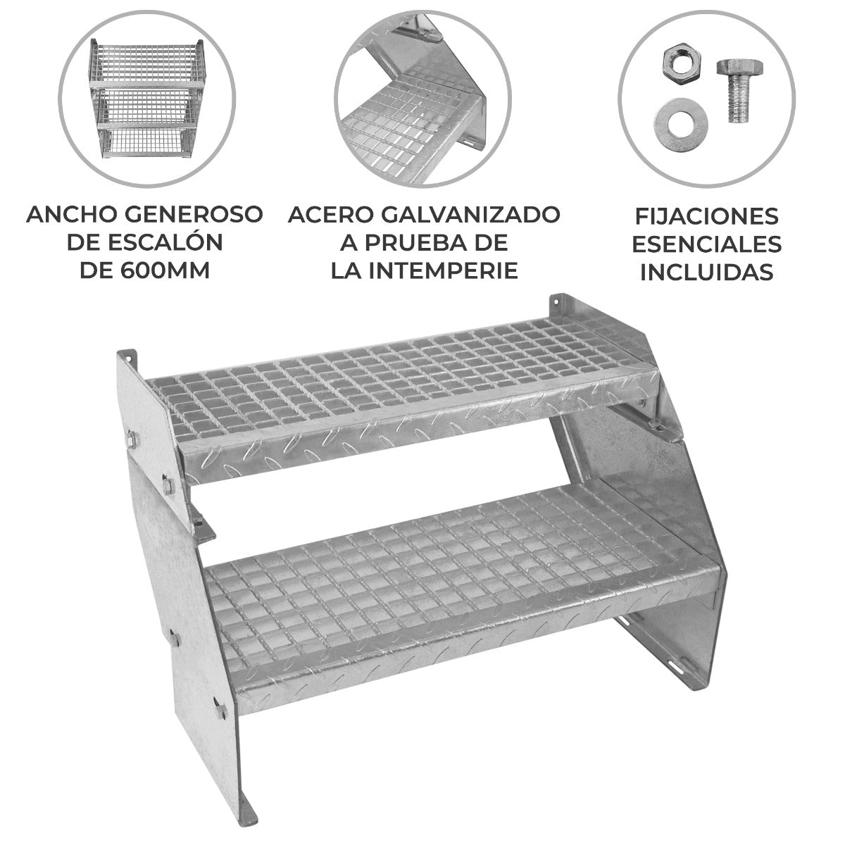 Escalera Galvanizada Ajustable de 2 Escalones– 600mm de Ancho