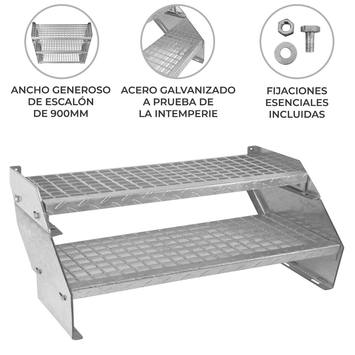 Escalera Galvanizada Ajustable de 2 Escalones– 900mm de Ancho