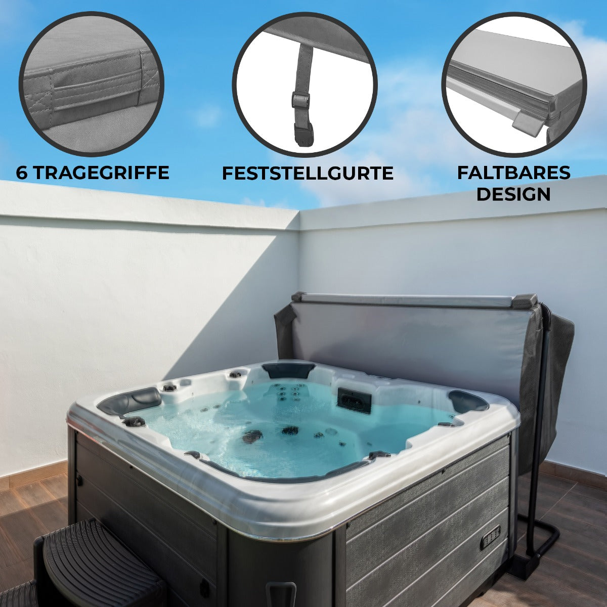 Cubierta gris de 2m x 2m para jacuzzi, con seis asas, correas ajustables y diseño plegable, ideal para proteger y mantener el calor