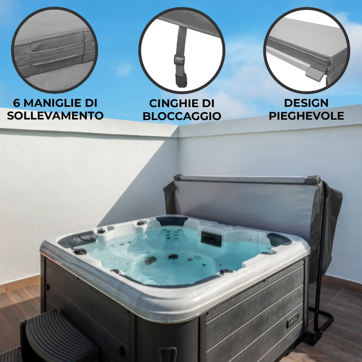 Cubierta gris de 2m x 2m para jacuzzi, con manijas de elevación, correas de bloqueo y diseño plegable, ideal para proteger el jacuzzi