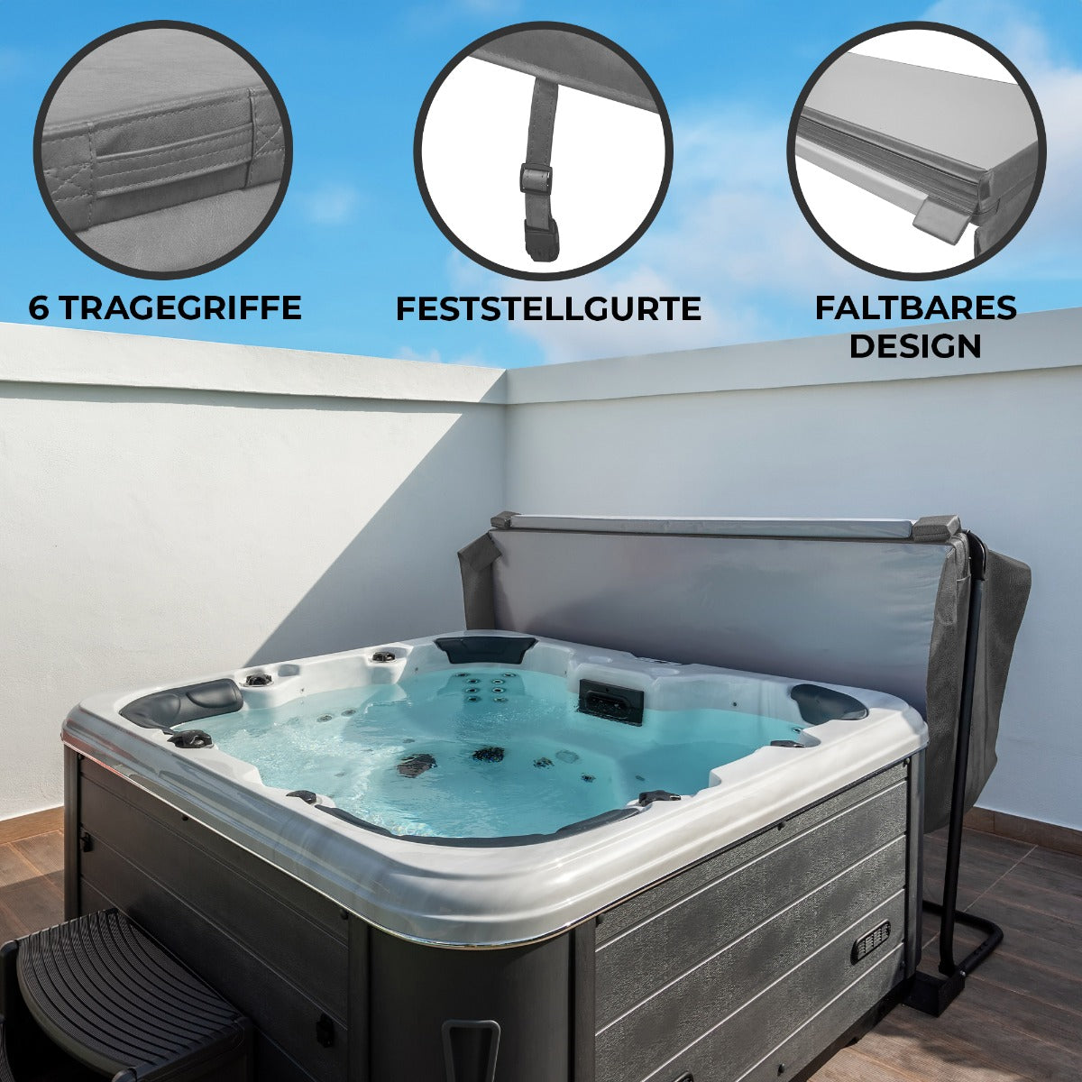 Cubierta gris para jacuzzi de 2,1m x 2,1m, con diseño plegable, seis asas y ajuste seguro, ideal para proteger el jacuzzi