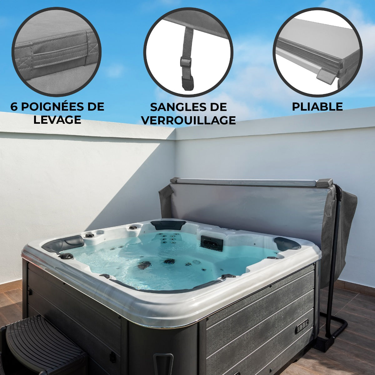Cubierta gris para jacuzzi de 2,1m x 2,1m, con seis asas de levantamiento, correas de seguridad y diseño plegable para fácil almacenamiento