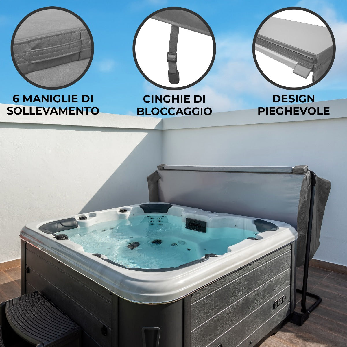 Cubierta gris para jacuzzi de 2,1m x 2,1m, con seis manijas de levantamiento y diseño plegable para fácil almacenamiento