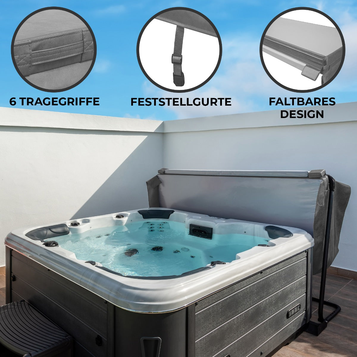 Cubierta gris para jacuzzi de 2,2m x 2,2m con seis tragegriffe, diseño plegable y correas de sujeción para mayor seguridad