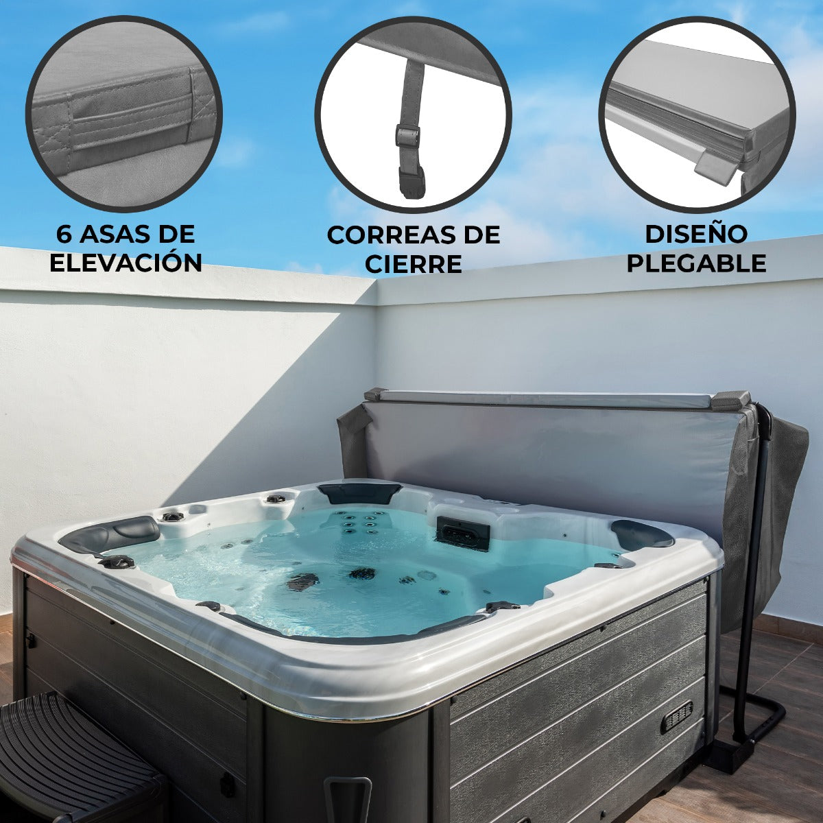Cubierta gris para jacuzzi de 2,2m x 2,2m, con seis asas de elevación, correas de cierre y diseño plegable para fácil almacenamiento