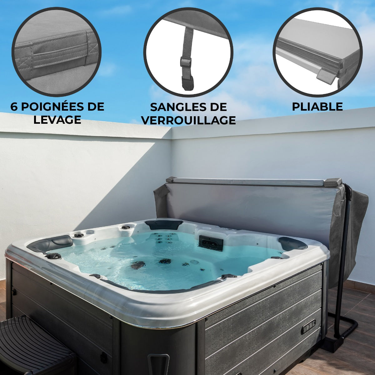 Cubierta gris para jacuzzi de 2,2m x 2,2m, con 6 asas de levantamiento, correas de seguridad y diseño plegable, ideal para protección