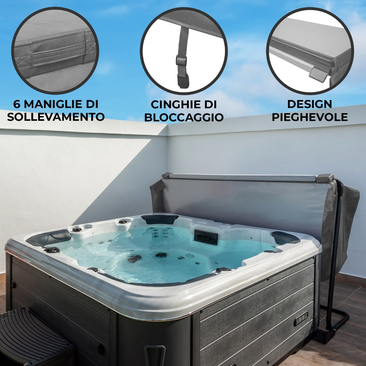 Cubierta gris para jacuzzi de 2,2m x 2,2m, con seis mangos de levantamiento y cintas de bloqueo, diseño plegable y resistente