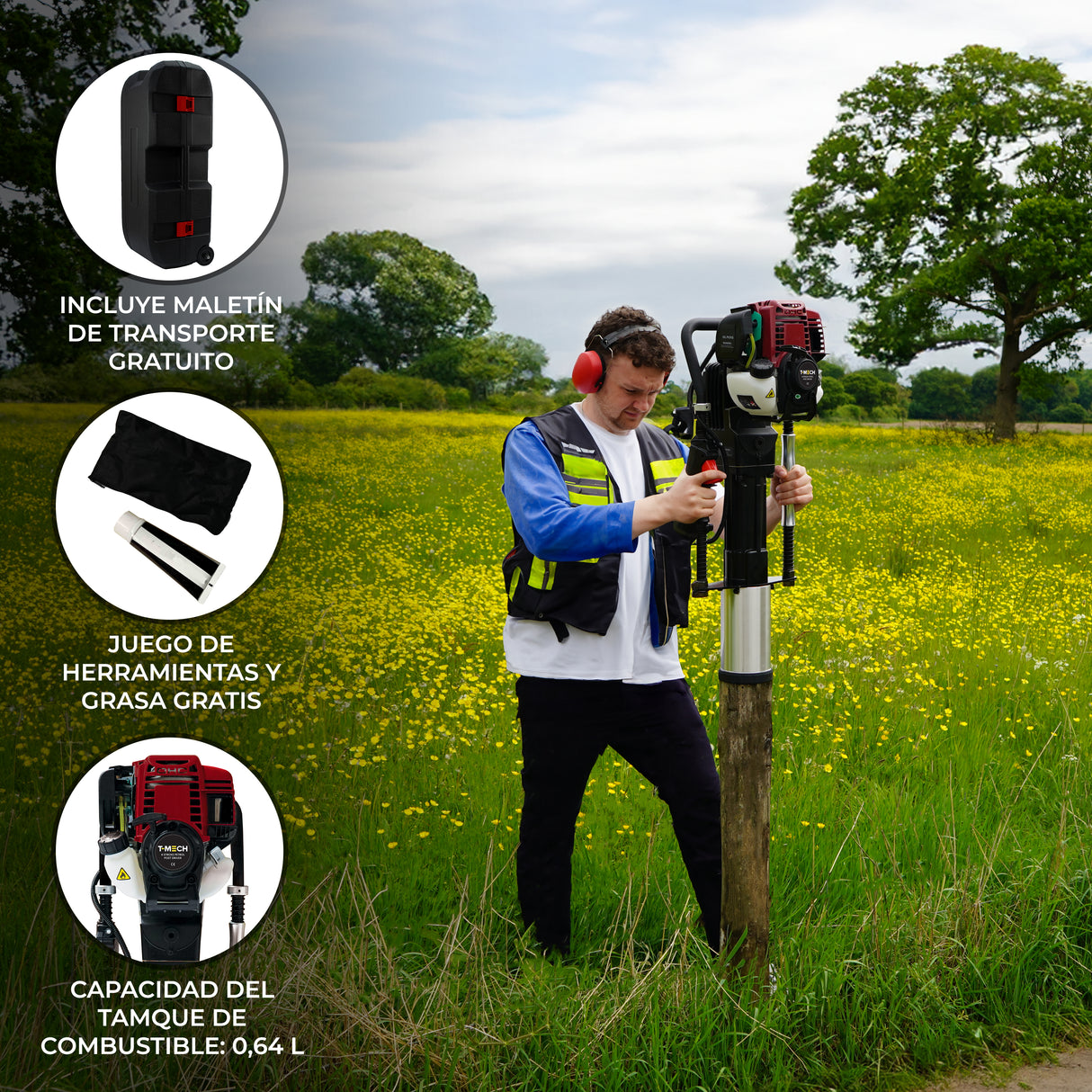 Clavador de postes 4 tiempos a gasolina T-Mech